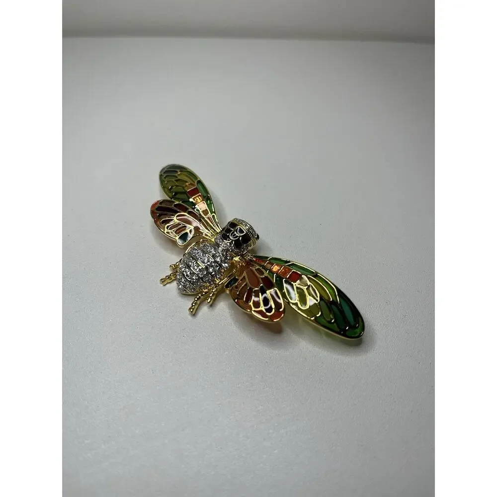 VTG Joan Rivers Stained Glass Crystal Plique-a-Jour Cicada Bug Brooch Pin